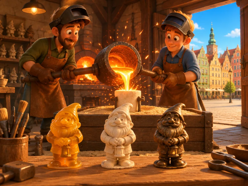 Foundry workers pouring molten bronze into a mould, with a wax, a ceramic-shell and a bronze dwarf in front