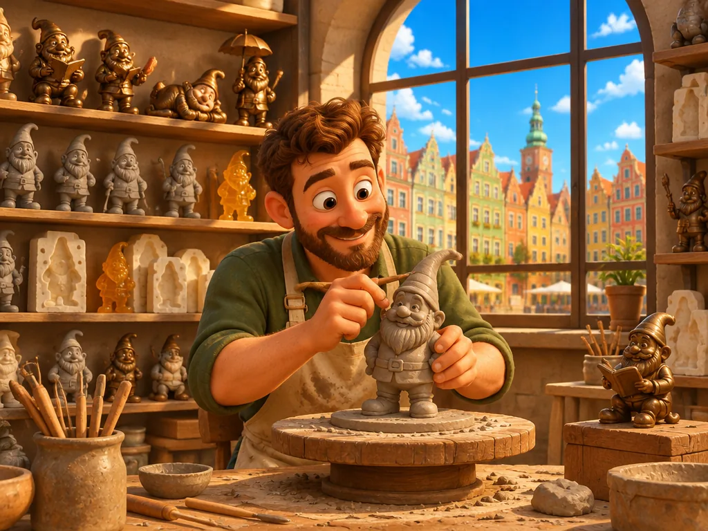 A sculptor shaping a small clay dwarf in a studio overlooking the Market Square