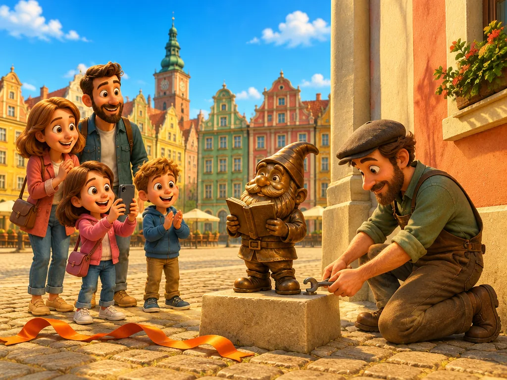 A sculptor fixing a new bronze dwarf to the pavement while a family takes photos